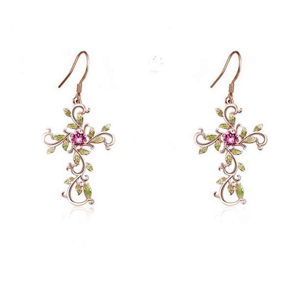 Fashion Jewelry Jewelry - Rosegold Cross Gem Fashion Earrings